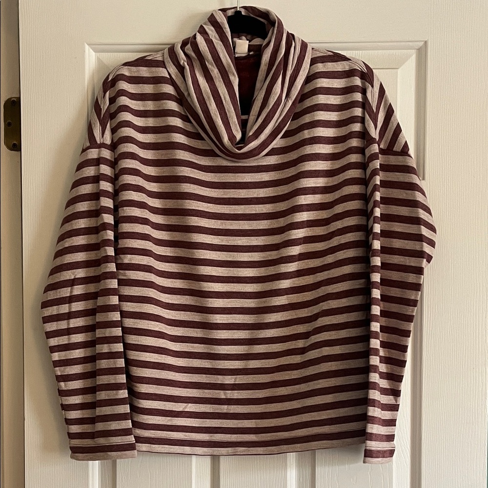 J. Crew Maroon and Cream Striped Cowl Neck Sweatshirt